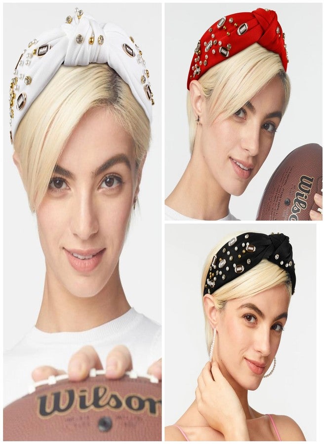 Huachi Football Headband for Women Game Day Hair Accessories: Football Mom Essentials - Rhinestone Pearl Knotted Head Band for Women Non Slip, Black - Image 3