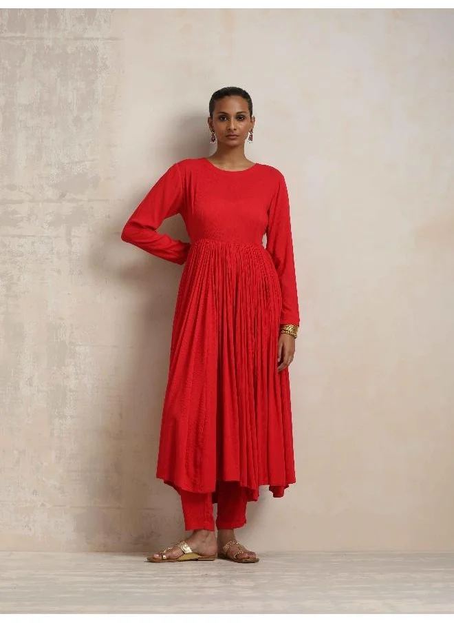 ترو برونز trueBrowns Red Crinkle Anarkali Kurta Pant Dupatta Set