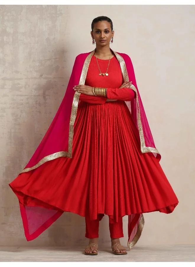 ترو برونز trueBrowns Red Crinkle Anarkali Kurta Pant Dupatta Set
