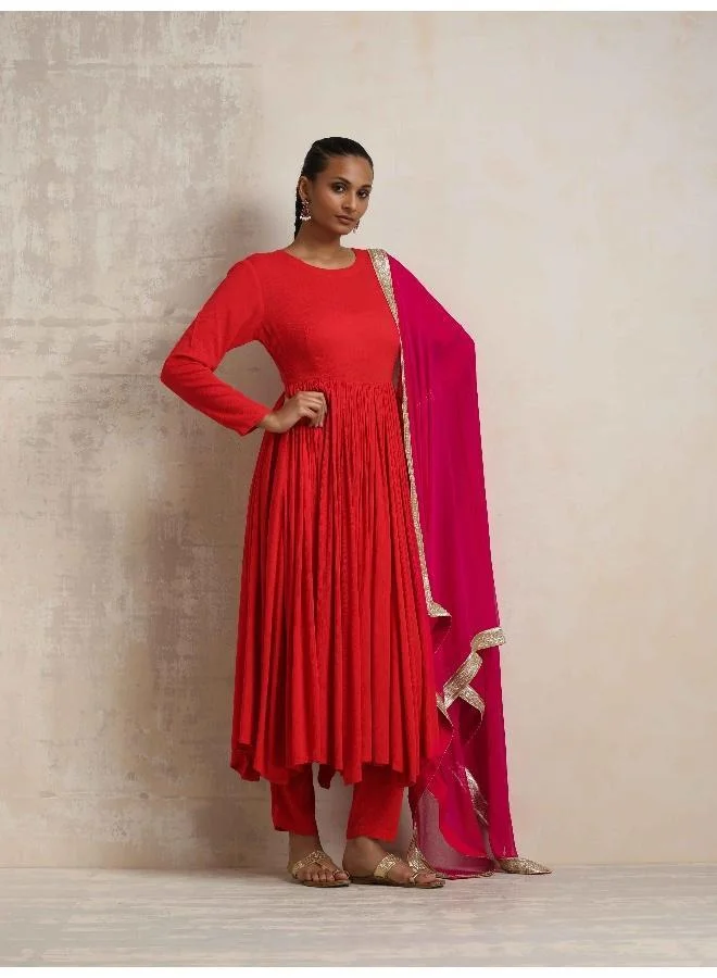 trueBrowns Red Crinkle Anarkali Kurta Pant Dupatta Set