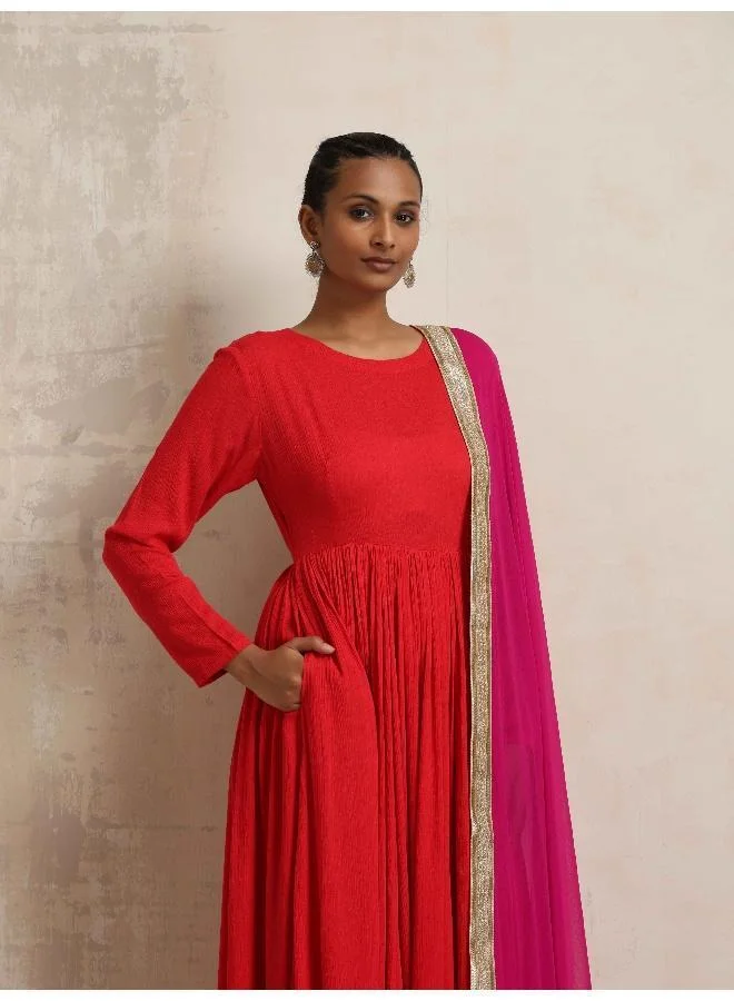 trueBrowns Red Crinkle Anarkali Kurta Pant Dupatta Set