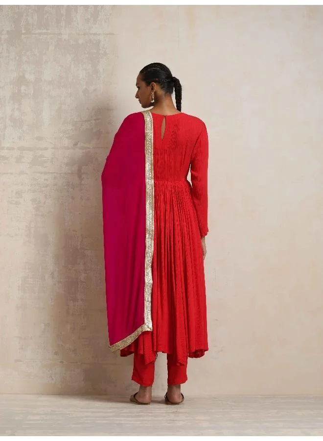 trueBrowns Red Crinkle Anarkali Kurta Pant Dupatta Set
