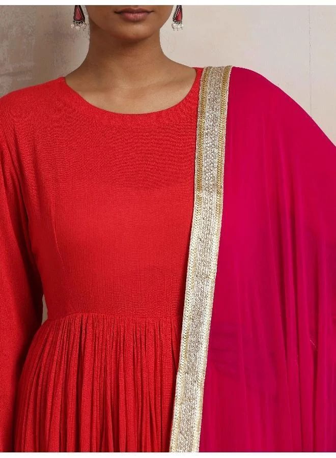 trueBrowns Red Crinkle Anarkali Kurta Pant Dupatta Set
