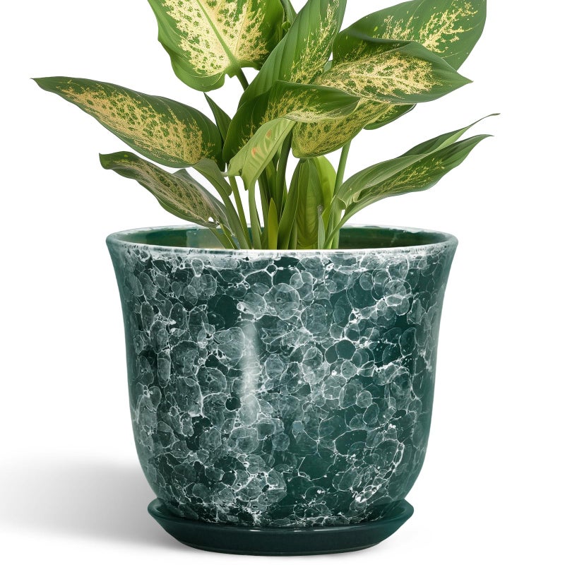 SUNPOTFOR Ceramic Pots for Plants - 5.6 Inch Planter for Indoor Outdoor, Small Flower Pot with Drainage Hole and Saucer, Round Modern Succulent Planters, Home Room Desk Decor, Women Gifts, Green - Image 1