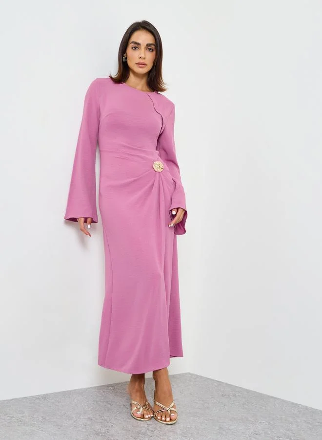Take Two Pink Plain A-Line Maxi Dress with Long Sleeves