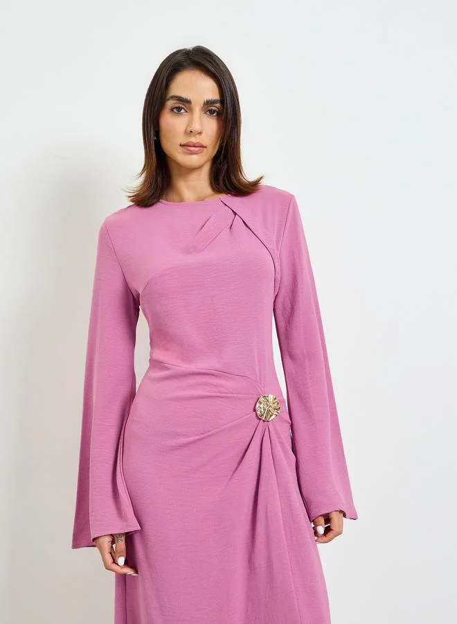 Take Two Pink Plain A-Line Maxi Dress with Long Sleeves