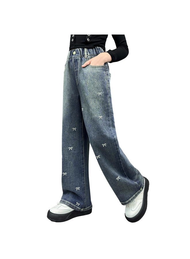 Rolanko Girls Jeans Baggy Wide Leg Denim Pants Elastic Loose Kids Jeans (Bow, 8-9 Years) - Image 1