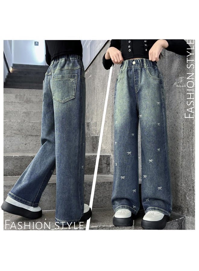 Rolanko Girls Jeans Baggy Wide Leg Denim Pants Elastic Loose Kids Jeans (Bow, 8-9 Years) - Image 2