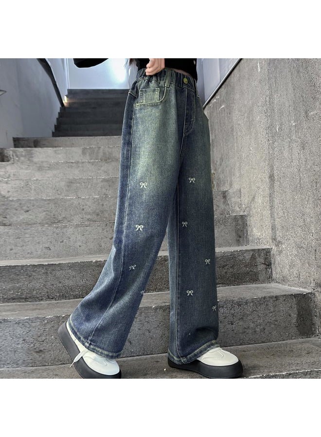 Rolanko Girls Jeans Baggy Wide Leg Denim Pants Elastic Loose Kids Jeans (Bow, 8-9 Years) - Image 3