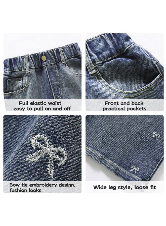 Rolanko Girls Jeans Baggy Wide Leg Denim Pants Elastic Loose Kids Jeans (Bow, 8-9 Years) - Image 5