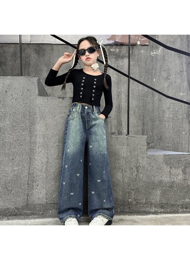 Rolanko Girls Jeans Baggy Wide Leg Denim Pants Elastic Loose Kids Jeans (Bow, 8-9 Years) - Image 4