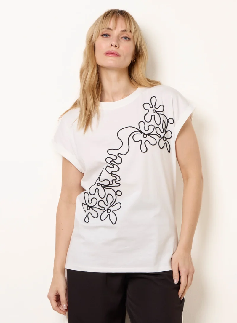 Blue Vanilla T-Shirt With Floral Embroidery