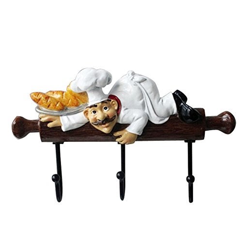KiaoTime Fat Chef Decor Cute Home Kitchen Restaurant Bakery Decorative Chef with Bread figurine Wall Hooks Oven Gloves/Hat/Cap/Coat/Apron Wall Mount Rack Hook Hanger - Image 1