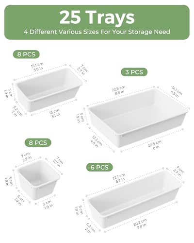 BiuLeon 25 PCS Plastic Drawer Organizers Set 4Sizes Vanity and Makeup Organizer Desk and bathroom Drawer Organizer Trays Organizers and Storage for Makeup Jewelry Gadgets Utensils White - Image 3