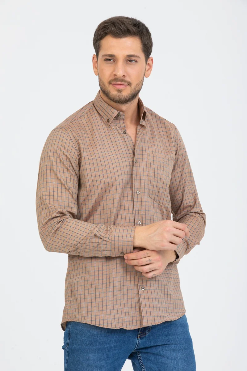 فاريتا Men's Cinnamon Color Checked Long Sleeve Pocket Collar Buttoned Men's Shirt