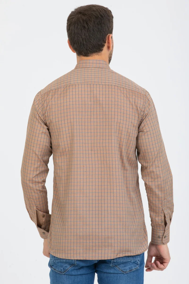 فاريتا Men's Cinnamon Color Checked Long Sleeve Pocket Collar Buttoned Men's Shirt