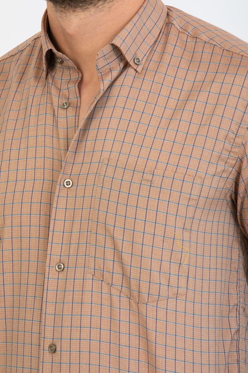 فاريتا Men's Cinnamon Color Checked Long Sleeve Pocket Collar Buttoned Men's Shirt