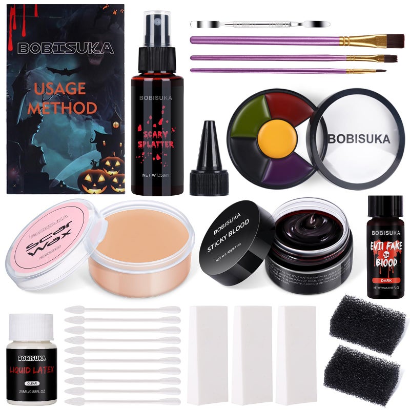 BOBISUKA Special Effects SFX Halloween Makeup Kit  Bruise Makeup Face Body Painting Palette Scar Wax Liquid Latex Fake Blood Splatter Spray Coagulated Blood Gel Stipple Sponges Cotton Swab
