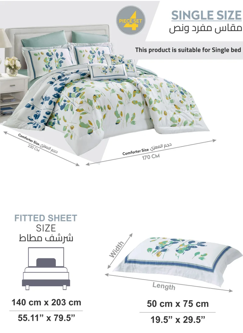 Donetella Cotton Comforter Set 4-Pcs Single Size All Season Reversible Floral Printed Bed Fits(120 X 200 Cm) With 350 GSM Down ALternative Filling,Mercury