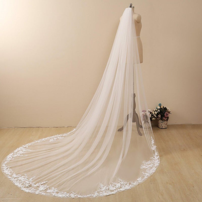AiberLisha Cathedral Length Lace Floral Wedding Bridal Veil with Comb for Bride Off White - Image 3