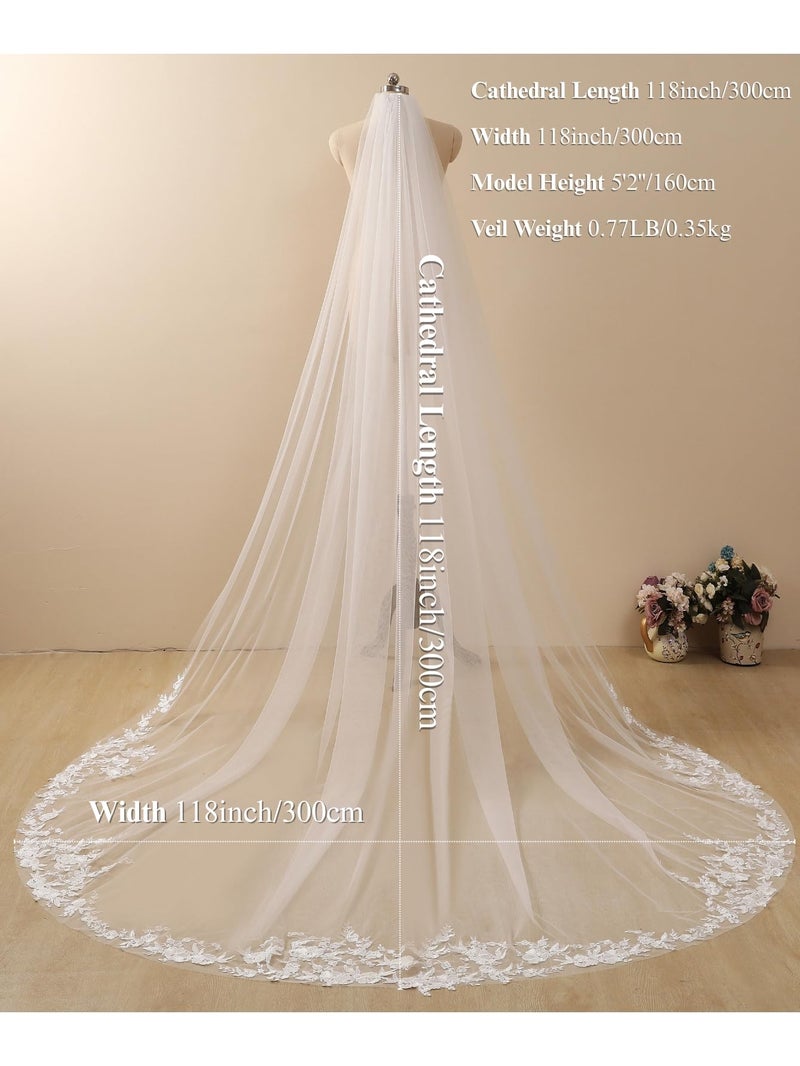 AiberLisha Cathedral Length Lace Floral Wedding Bridal Veil with Comb for Bride Off White - Image 2