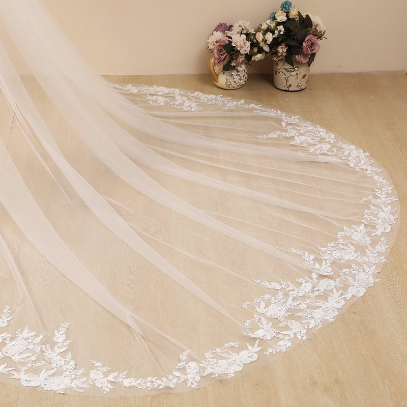 AiberLisha Cathedral Length Lace Floral Wedding Bridal Veil with Comb for Bride Off White - Image 4