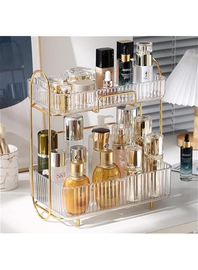 HOOKOR Bathroom Organizer Countertop,Vanity Organizer Basket with Sliding Tray,2-Tier Makeup Organizer and Storage,Cosmetic Display Cases, Kitchen Counter Organizers Spice Rack (Clear) - Image 1