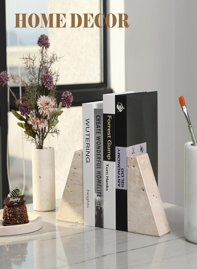 Karibiber Travertine Bookends for Heavy Books, Marble Decorative Bookends for Shelves, Heavy-Duty Stone Book Ends for Hardback Book & Cookbooks, Unique Book Stopper & Holder, Travertino Italy - Image 4