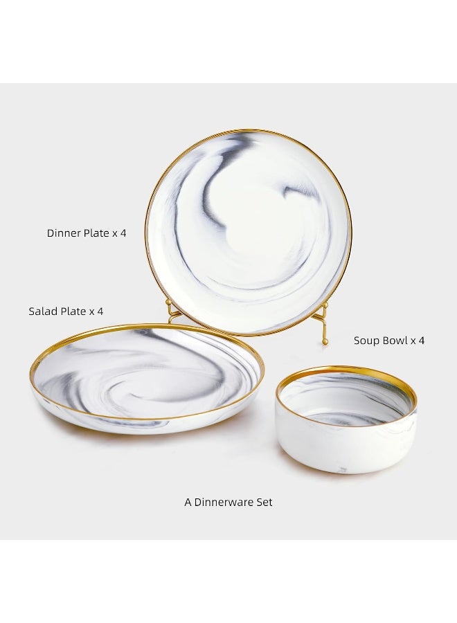 Pokini Pokini Marble Gold Rim Dinnerware Sets Porcelain Plates and Bowls Sets Modern Luxury Dish Set for 4 White Grey China Dinner Set for Special Occasions Hand Wash Quickly - Image 2