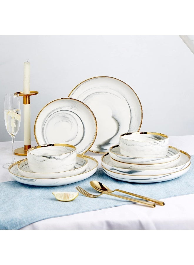 Pokini Pokini Marble Gold Rim Dinnerware Sets Porcelain Plates and Bowls Sets Modern Luxury Dish Set for 4 White Grey China Dinner Set for Special Occasions Hand Wash Quickly - Image 3
