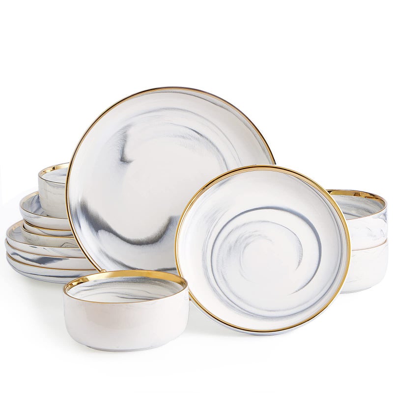 Pokini Pokini Marble Gold Rim Dinnerware Sets Porcelain Plates and Bowls Sets Modern Luxury Dish Set for 4 White Grey China Dinner Set for Special Occasions Hand Wash Quickly - Image 1