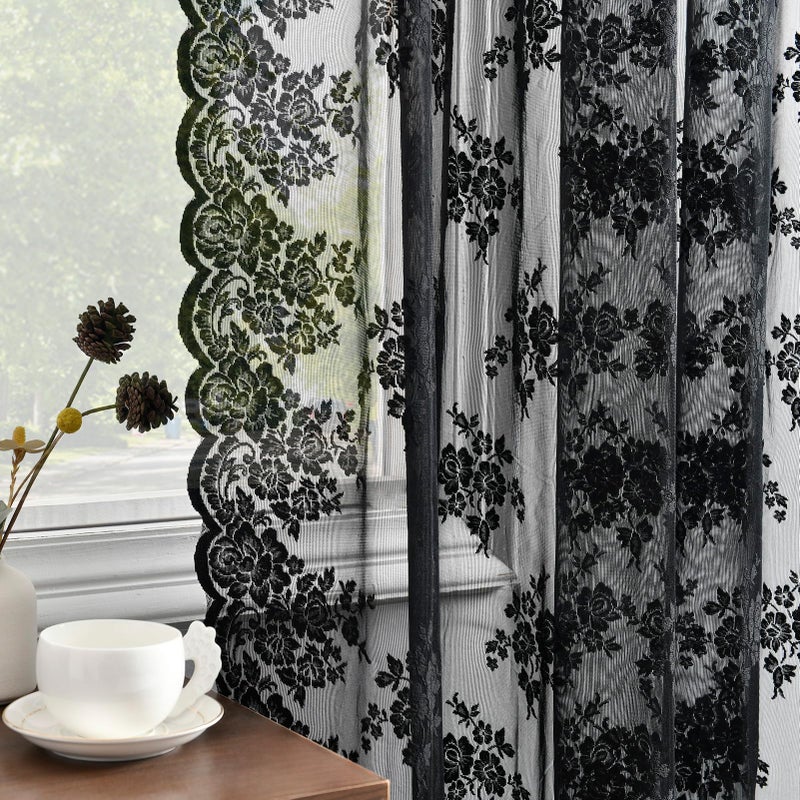 Kotile Black Lace Curtains 72 Inches Long 2 Panels, Country Rustic Floral Goth Sheer Curtains for Bedroom, Rod Pocket Vintage Privacy Sheer Lace Curtains, 42 x 72 Inch Each, 1 Pair, Black - Image 1