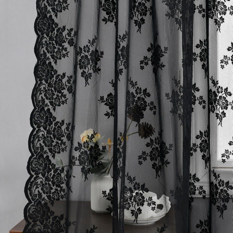 Kotile Black Lace Curtains 72 Inches Long 2 Panels, Country Rustic Floral Goth Sheer Curtains for Bedroom, Rod Pocket Vintage Privacy Sheer Lace Curtains, 42 x 72 Inch Each, 1 Pair, Black - Image 5