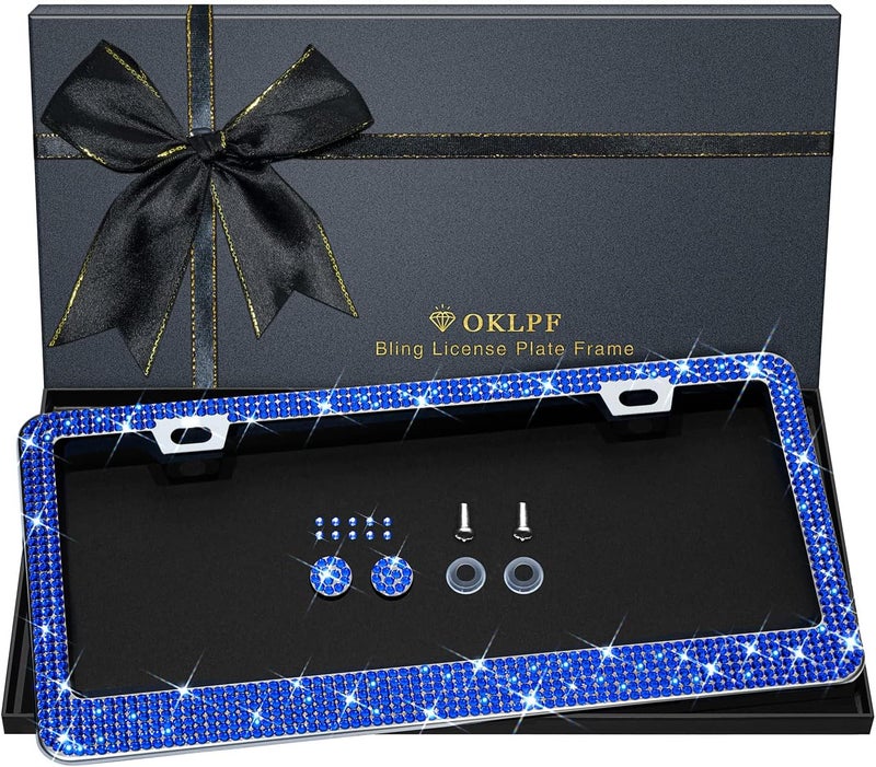 OKLPF Bling License Plate Frame for Women, 1PCS Sparkly License Plate Frames| Over 1200 pcs 14 Facets Bedazzled Clear Glass Diamond Rhinestone Crystals w/Free Glitter Diamond Box (Dark Blue) - Image 1