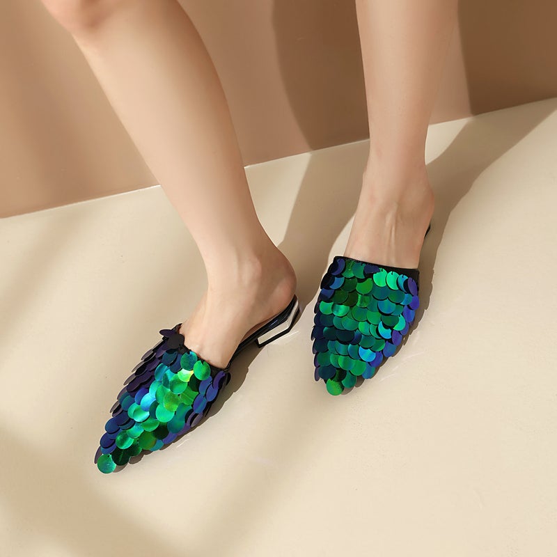 2024 Casual Low Heel Pointed 32-48 Baotou Pointed Sequin Outdoor Slippers - Image 5