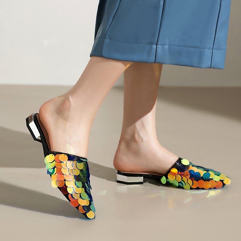2024 Casual Low Heel Pointed 32-48 Baotou Pointed Sequin Outdoor Slippers - Image 2