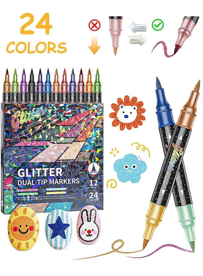 MXN 24 Pcs 48 Colors Dual Tip Glitter Markers Pens, Waterproof Quick-Drying Glitter Brush Markers Professional Glitter Paint Pens Set, Sparkle Pen Ideal for Kids Coloring Scrapbooking Card Making - Image 1