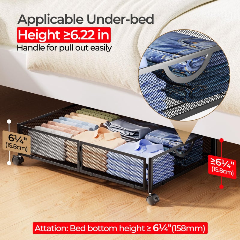 Yecaye Under Bed Storage with Wheels, 2 Pack Under Bed Shoe Storage Organizer Drawer, Tool-free Assembly Metal Underbed Storage Containers for Clothes, Shoes, Black - Image 4