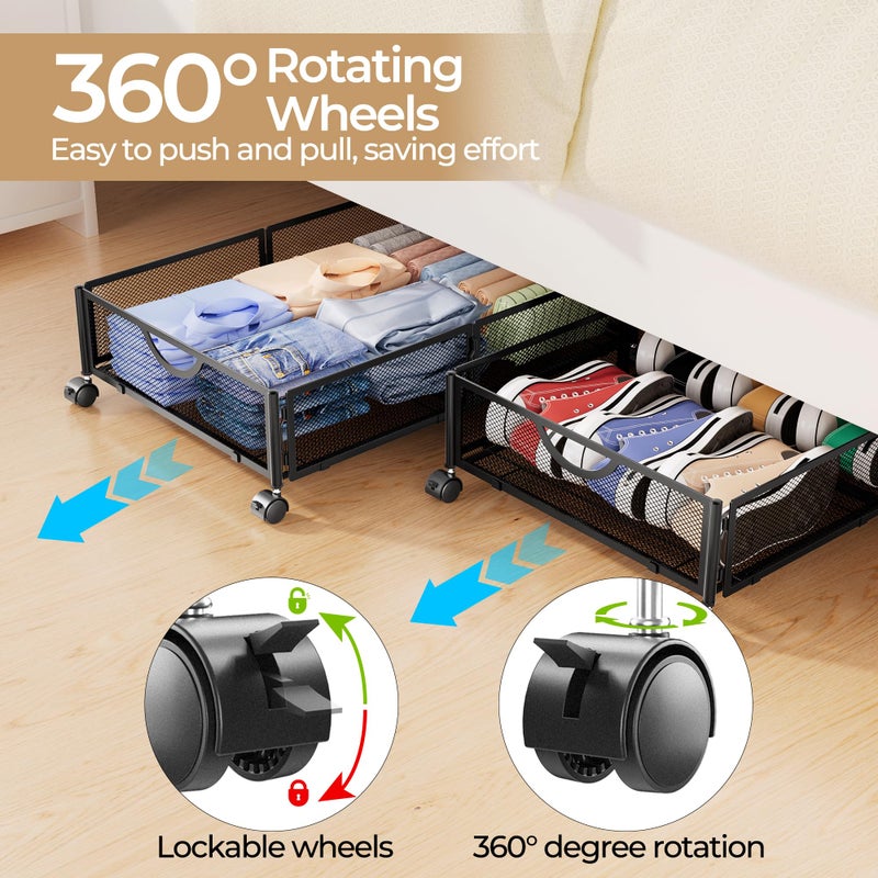 Yecaye Under Bed Storage with Wheels, 2 Pack Under Bed Shoe Storage Organizer Drawer, Tool-free Assembly Metal Underbed Storage Containers for Clothes, Shoes, Black - Image 3