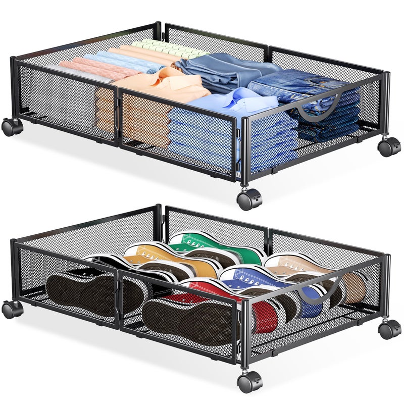 Yecaye Under Bed Storage with Wheels, 2 Pack Under Bed Shoe Storage Organizer Drawer, Tool-free Assembly Metal Underbed Storage Containers for Clothes, Shoes, Black - Image 1