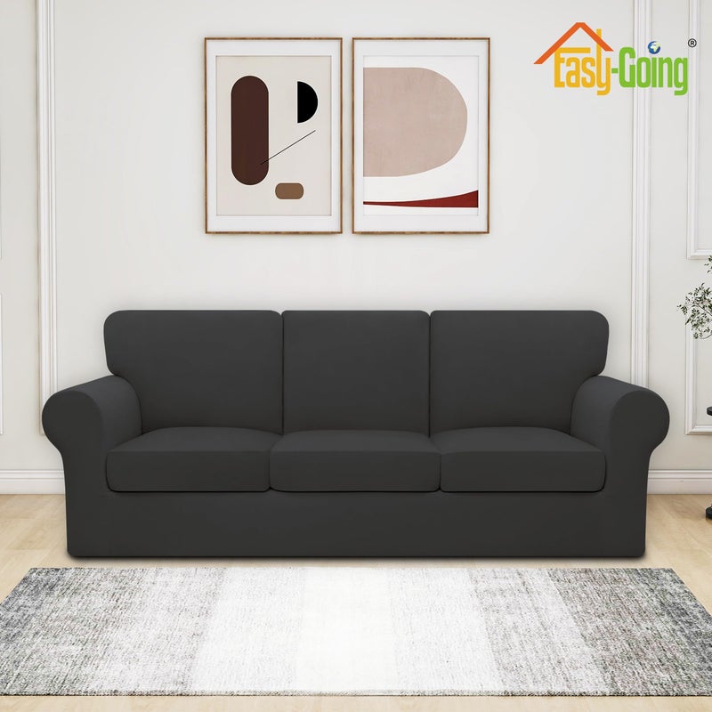 Easy-Going 7 Pieces Stretch Couch Cover Washable Sofa Cover Set for 3 Backrest and Seat Cushion Couch Anti-Slip Sofa Slipcover Furniture Protector with Elastic Bottom (Large, Dark Grey) - Image 2