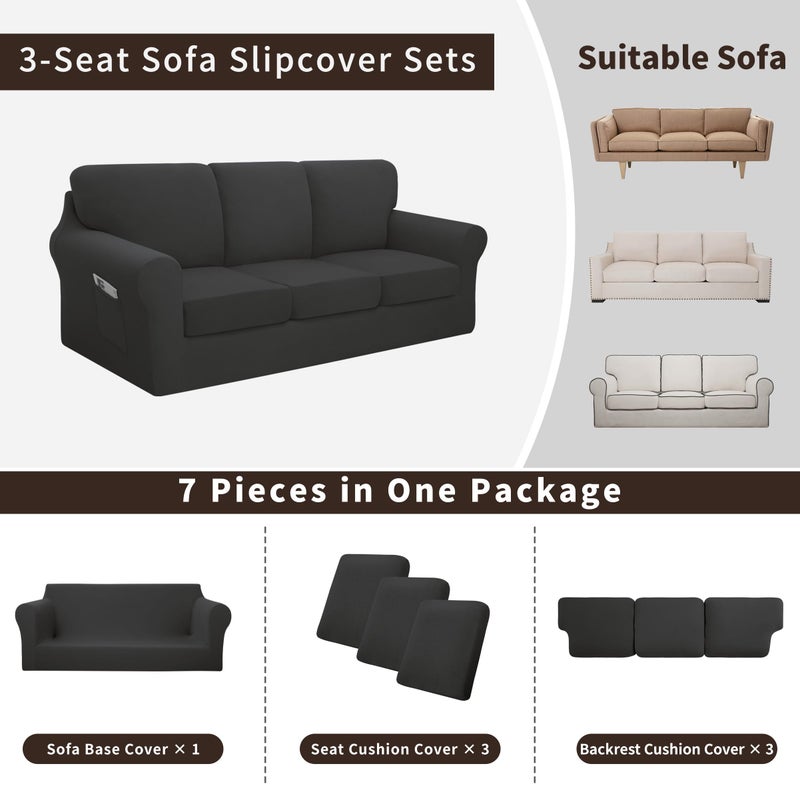 Easy-Going 7 Pieces Stretch Couch Cover Washable Sofa Cover Set for 3 Backrest and Seat Cushion Couch Anti-Slip Sofa Slipcover Furniture Protector with Elastic Bottom (Large, Dark Grey) - Image 3