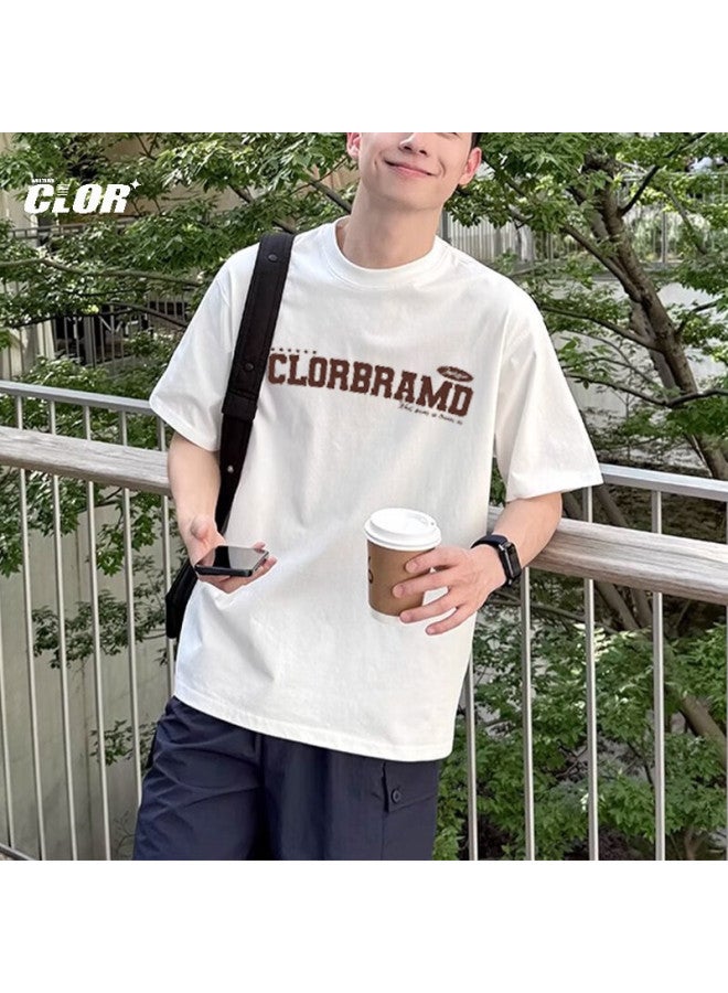 Clor Casual T-shirt For Men, Heavy Pure Cotton Short Sleeve, Summer Trendy Printed Loose Undershirt For Women, C013-1 White S - Image 1