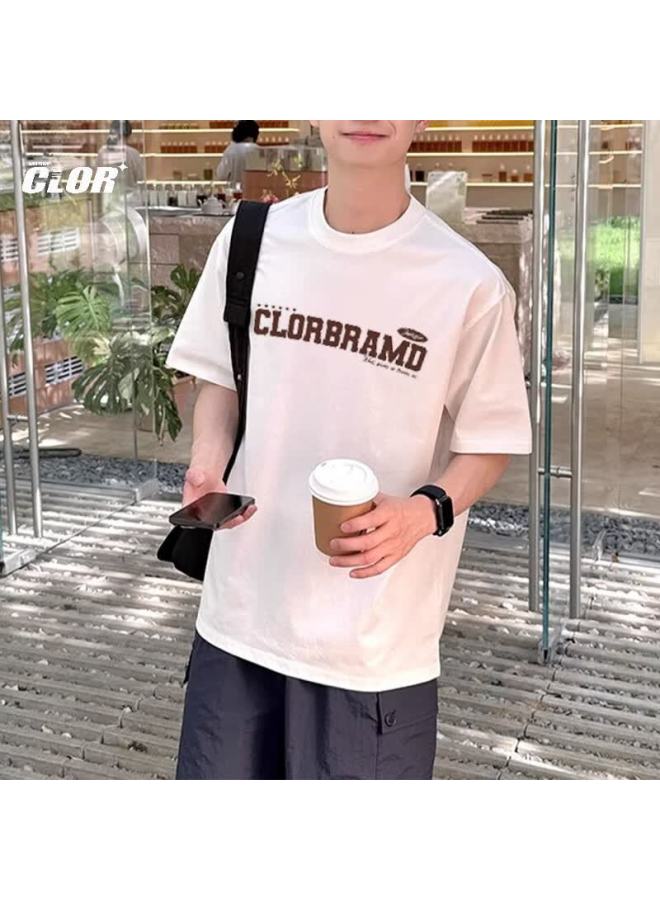Clor Casual T-shirt For Men, Heavy Pure Cotton Short Sleeve, Summer Trendy Printed Loose Undershirt For Women, C013-1 White S - Image 4