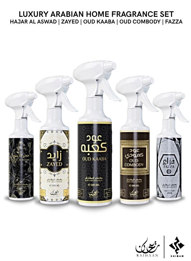 RAIHAAN ALFATEMI Luxurious Arabic Home Fragrance Bundle Offer - Non-Alcoholic 350ml Long Lasting Air/Fabric Freshener Spray Set - Pack of 5 - Image 1
