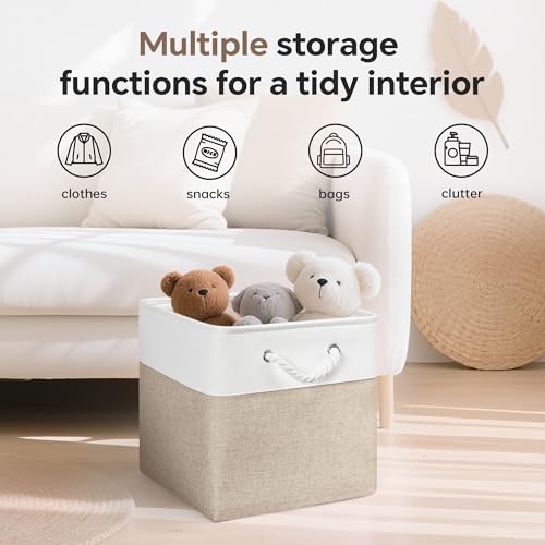 ECDYQXVU 13x13 Inch Cube Storage Bins with Reinforced Bottom Cardboard, 6 Pack Large Foldable Fabric Storage Cubes with Handles for Shelf, Closet, Laundry Organization (White&Khaki) - Image 5