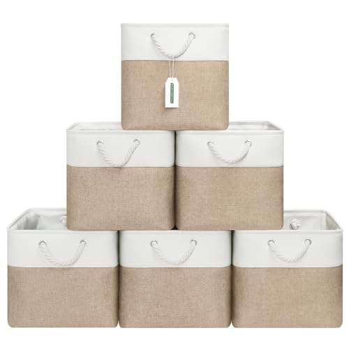 ECDYQXVU 13x13 Inch Cube Storage Bins with Reinforced Bottom Cardboard, 6 Pack Large Foldable Fabric Storage Cubes with Handles for Shelf, Closet, Laundry Organization (White&Khaki) - Image 1