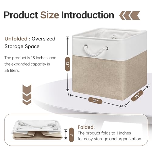 ECDYQXVU 13x13 Inch Cube Storage Bins with Reinforced Bottom Cardboard, 6 Pack Large Foldable Fabric Storage Cubes with Handles for Shelf, Closet, Laundry Organization (White&Khaki) - Image 3