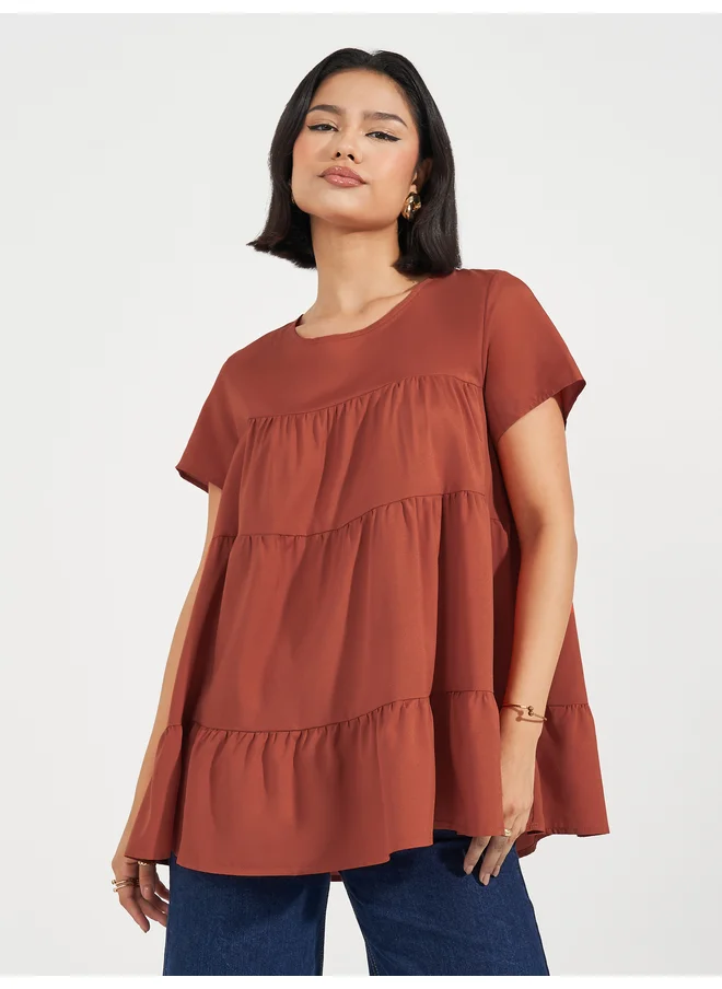 Aria Romance ARIA ROMANCE Solid Round Neck Tiered Detail Top