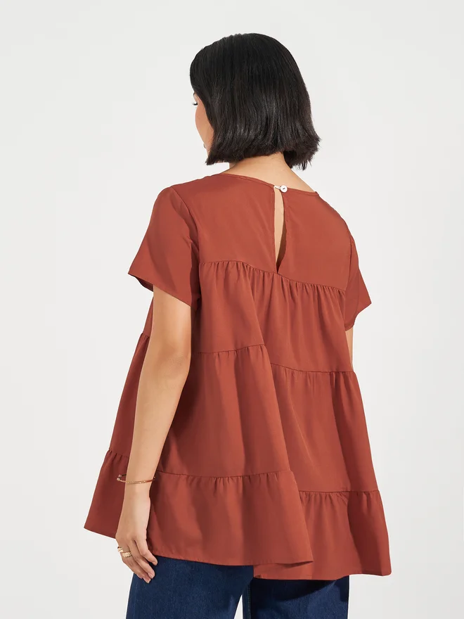 Aria Romance ARIA ROMANCE Solid Round Neck Tiered Detail Top